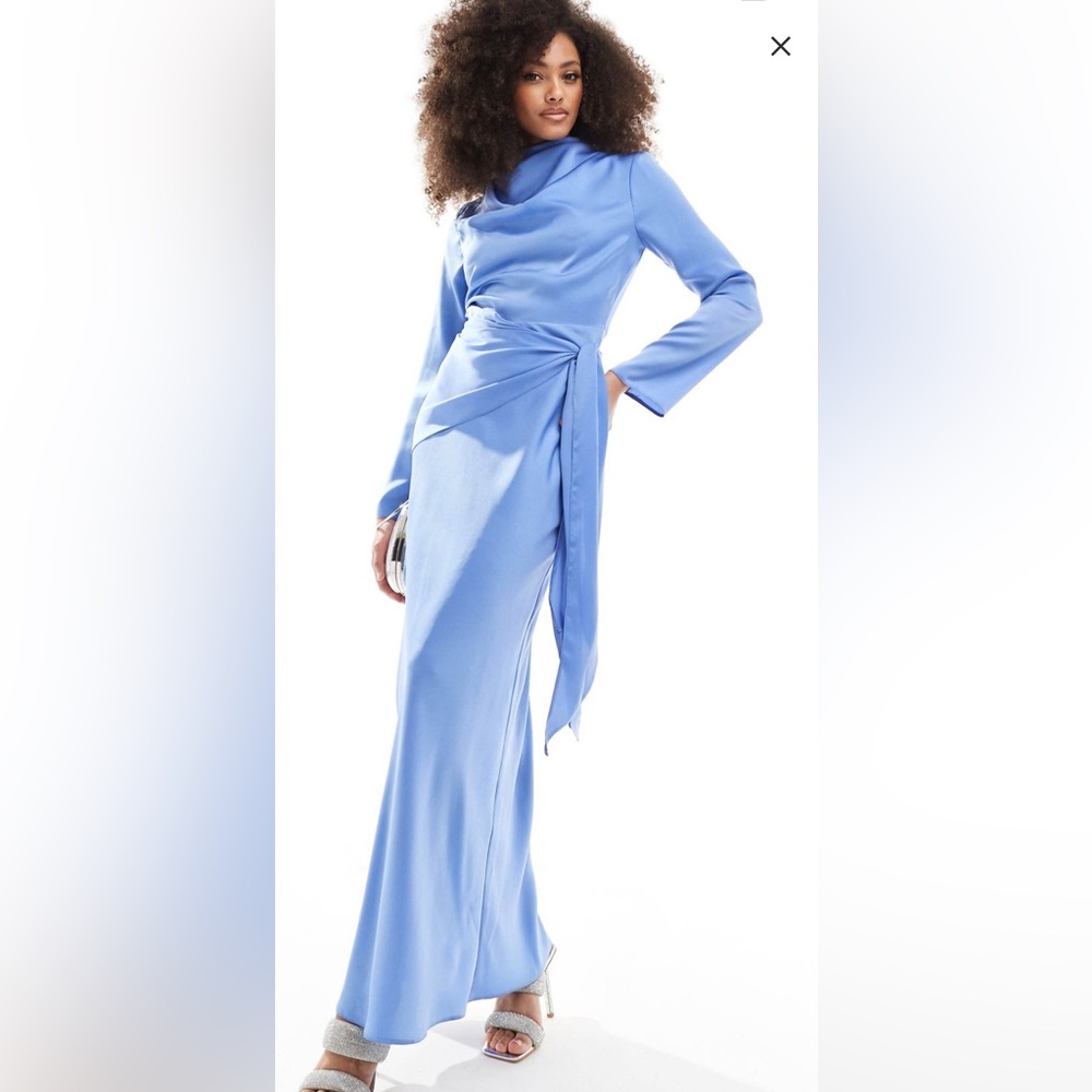ASOS DESIGN satin long sleeve maxi dress with tie waist overlay detail